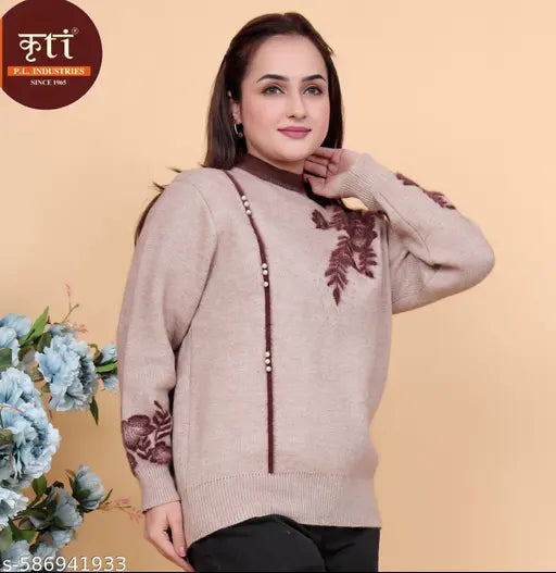 KRITI Stylish Embroidery Woollen Top Beige Color For Women