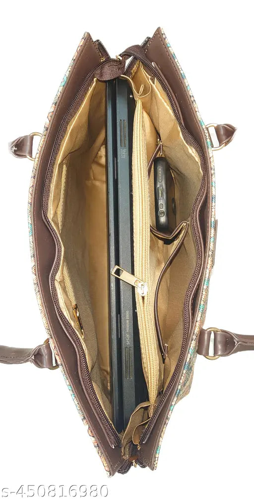 JUGNU-tan Trending Handicraft Fabric Mandala Printed Ladies Bag For Girl & Women for Office, Eco Friendly Handmade Faux Leather Brown