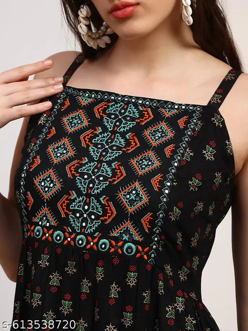 Globus Women Black Ethnic Print Embroidered Detail Square Neck Shoulder Strap Fit and Flare Maxi Dress