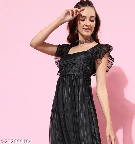 Miss Chase Women's Solid Boat Neck Black Dresses