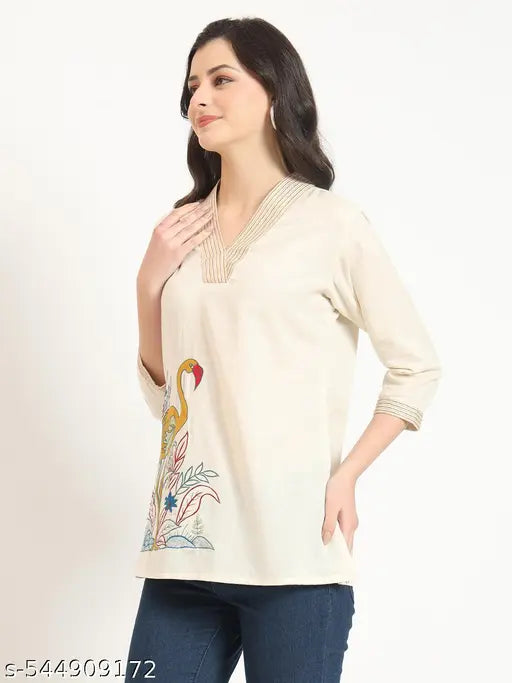 Divena Off White Cotton V-Neck Embroidery Top