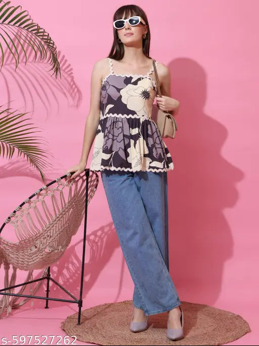 Honky Tonky Women’s Purple & Beige Floral Printed Sleeveless Peplum Top with Wavy Trim Detailing