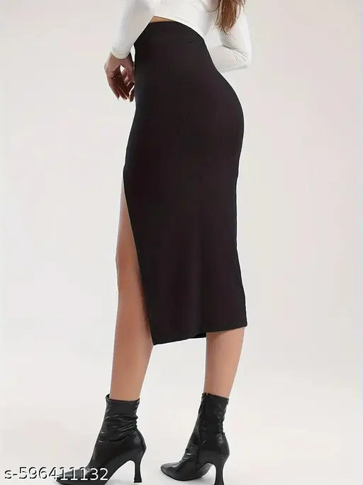Trendy Women’s Ribbed Front Cut Pencil Skirt with Slit | Black Long Skirt | Casual & Office Wear | Black Skirt