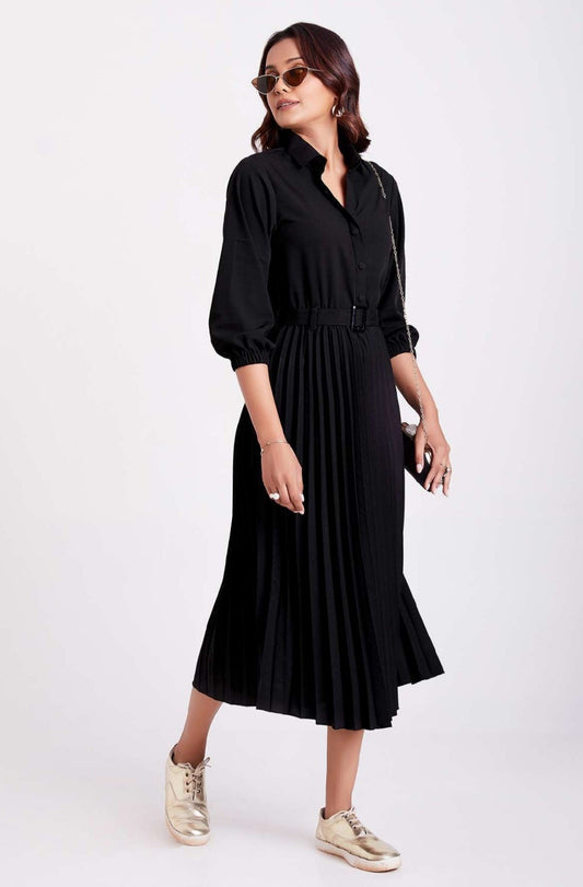 Black Colour Pleated Western Wear Dress For Women