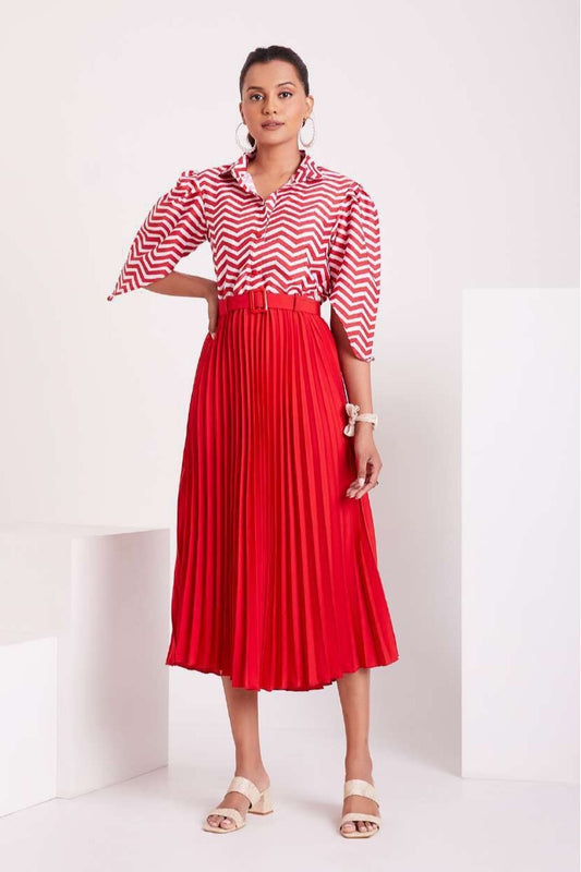 Red and White Pleated Western Wear Stylish Dress For Women