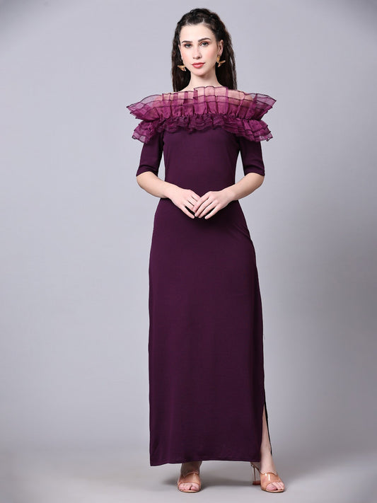 Wine Designer Cotton Lycra Off Shoulder Women's Regular Fit Dress