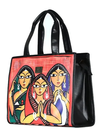 Priyaasi PU Leather Tribal Naari Digital Printed Tote Bag for Women's - Stylish, Trendy, Casual Handbag with Zipper Closure for Office, College, Black