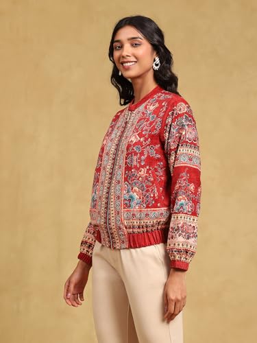 Label RITU KUMAR Red Floral Velvet Jacket - SaumyasStore