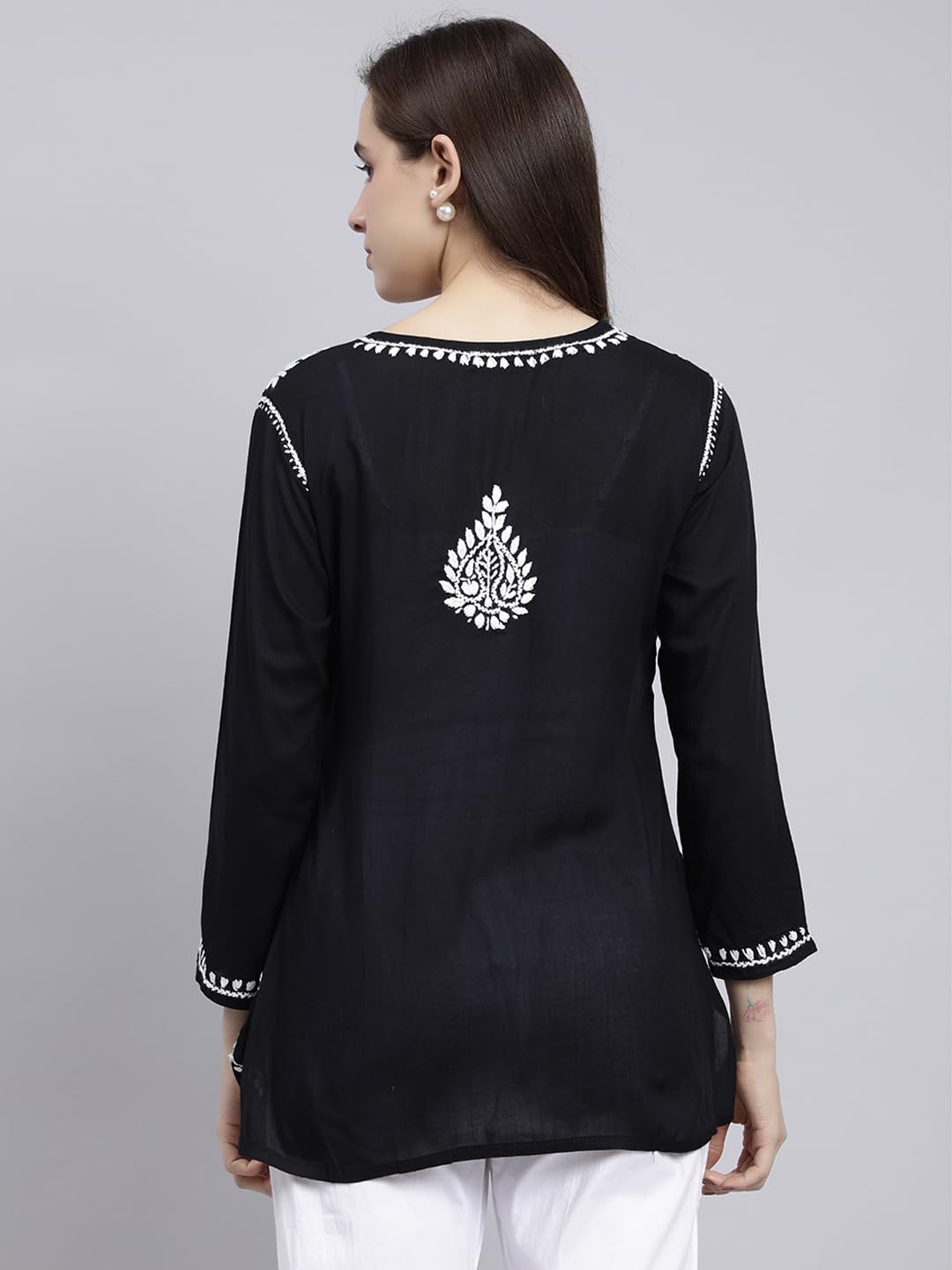 Seva Chikan Hand Embroidered Black Modal Lucknowi Chikankari Top (Black) - SaumyasStore