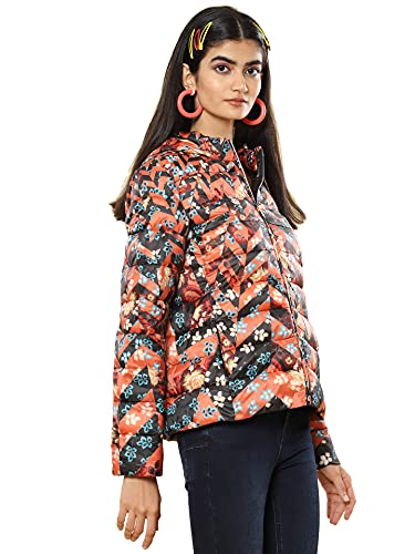 Label RITU KUMAR Rust Floral Print Hooded Puffer Jacket - SaumyasStore