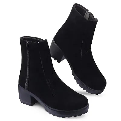 STRASSE PARIS Amazing Design Women's Ankle Length Block Heel Black Stylish and Fashionable Boots Side Zip | Stylish Latest Trendy Boots for Casual Wear, Office Wear