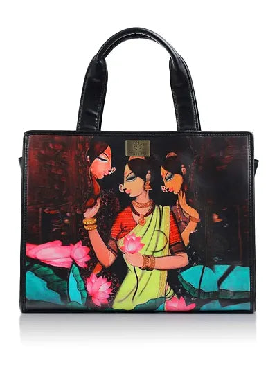 Priyaasi PU Leather Cultural Womaniya Digital Printed Tote Bag for Women's - Stylish, Trendy, Casual Handbag with Zipper Closure for Office, College, Black