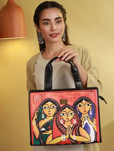 Priyaasi PU Leather Tribal Naari Digital Printed Tote Bag for Women's - Stylish, Trendy, Casual Handbag with Zipper Closure for Office, College, Black