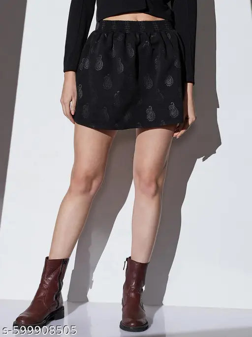 Globus Women Black Mid-Rise Self Design Paisley Mini A-Line Party Skirt