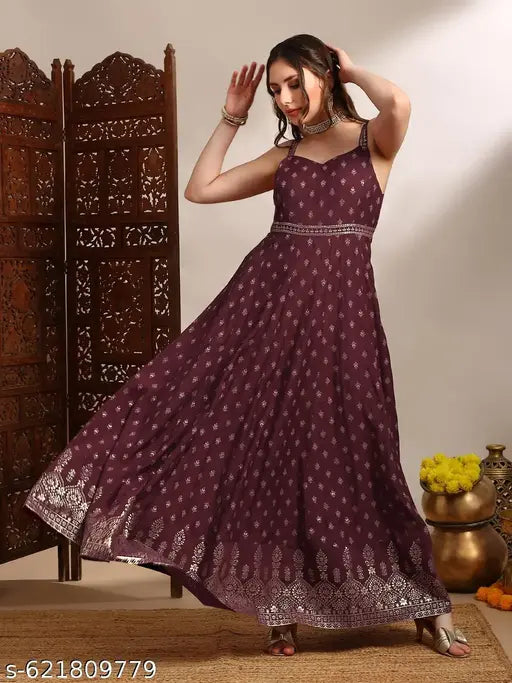 Globus Women Ethnic & Gold Foil Print Sweetheart Neck Shoulder Strap Fit and Flare Maxi Dress