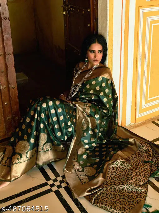 Janasya Women's Dark Green Organza Woven Ethnic Motifs Saree with Unstitched Blouse Piece