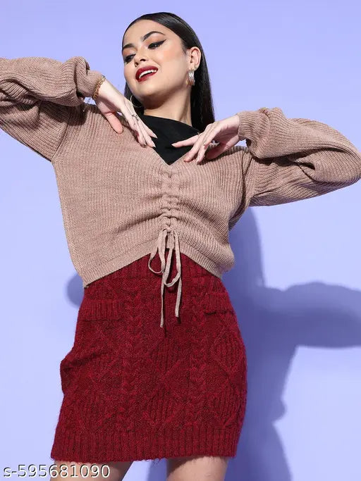 Berrylush Women Solid Peach V-Neck Front Tie-Up Acrylic Straight Hem Cropped Sweater