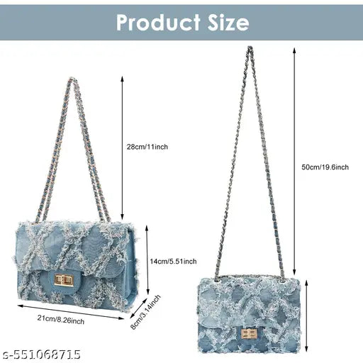 Trendy Blue Denim Small Shoulder Bag for Women Fashion Crossbody Chain Bag with Metal Interlock Closure Casual Phone Purse