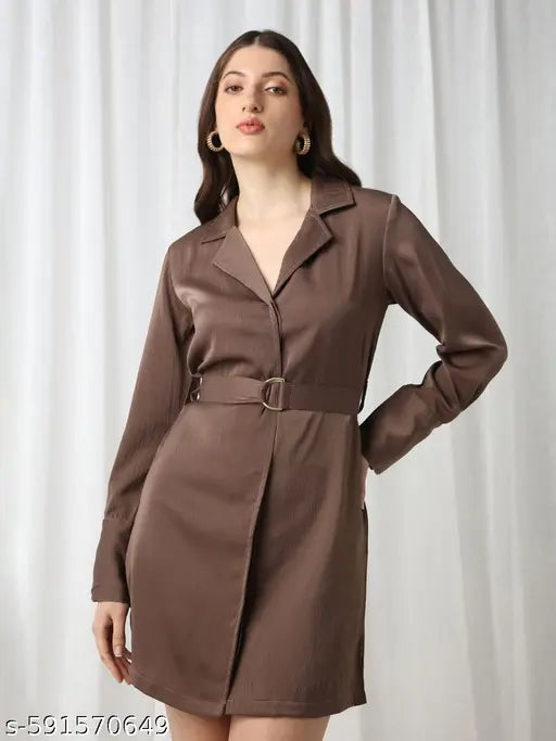 Globus Women Brown Notched Lapel Cuffed Sleeves Self Design Mini Workwear Blazer Dress With D-Ring Belt
