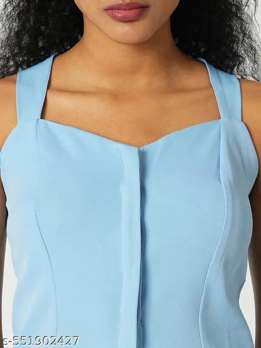 Globus Women Blue  Neck Cross Straps Back Designed Crop Top With Wide-Leg Trousers Party Co-Ord Set