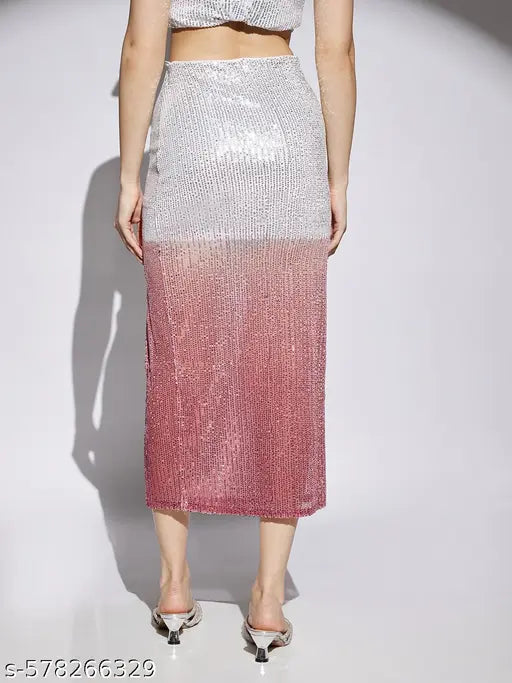 Globus Women Pink & Silver Ombre Pattern  Sequin Detail Side Slit Pencil Midi Party Skirt
