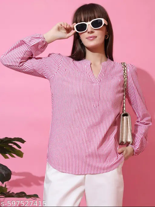 Honky Tonky Women’s Pink & White Vertical Striped V-Neck Casual Top with Long Sleeves