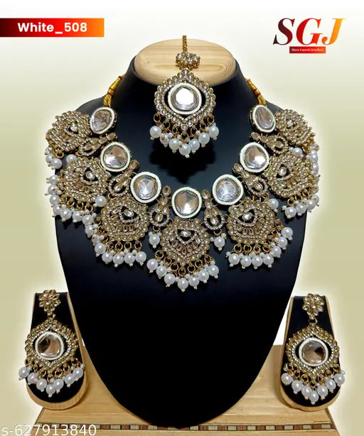 Traditional Mehndi Plated White necklace jewellery set with earrings and maang tikka (D.No.508)