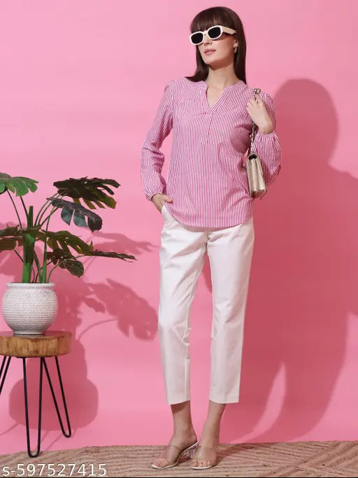 Honky Tonky Women’s Pink & White Vertical Striped V-Neck Casual Top with Long Sleeves