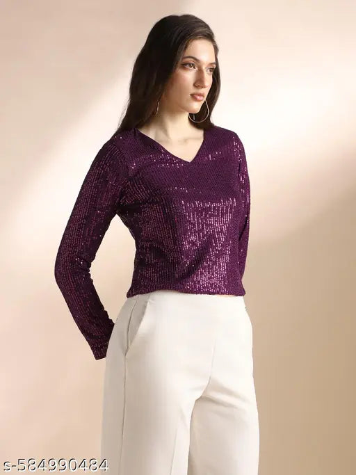 Globus Women Burgundy V-Neck Long Sleeves Sequin Embellished Party Top