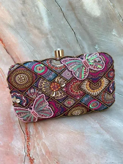 PINK HAND EMBROIDED MULTI COLOR HAND CLUTCH CUM SLING BAG