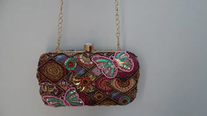 PINK HAND EMBROIDED MULTI COLOR HAND CLUTCH CUM SLING BAG