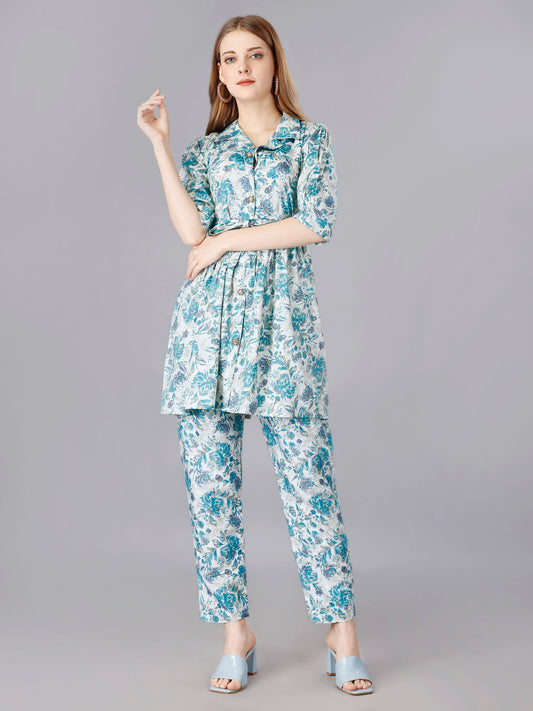 Printed  Blue 2-Piece Shirt & Trousers Set