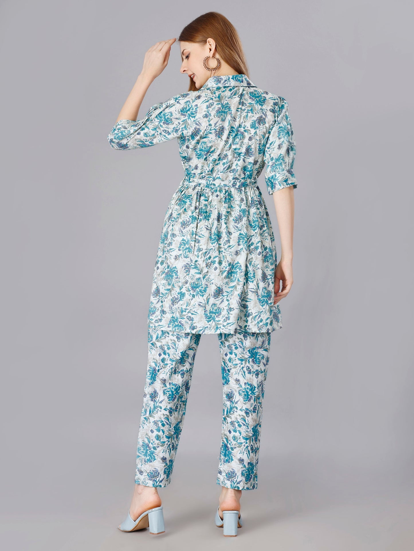 Printed  Blue 2-Piece Shirt & Trousers Set