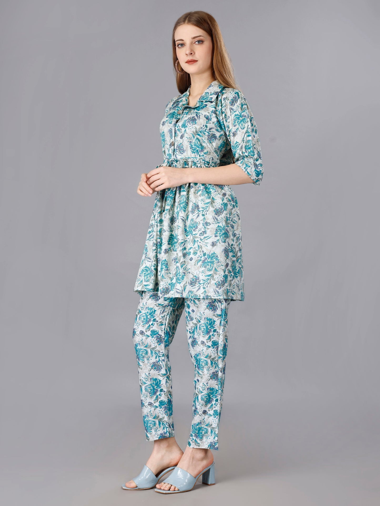 Printed  Blue 2-Piece Shirt & Trousers Set