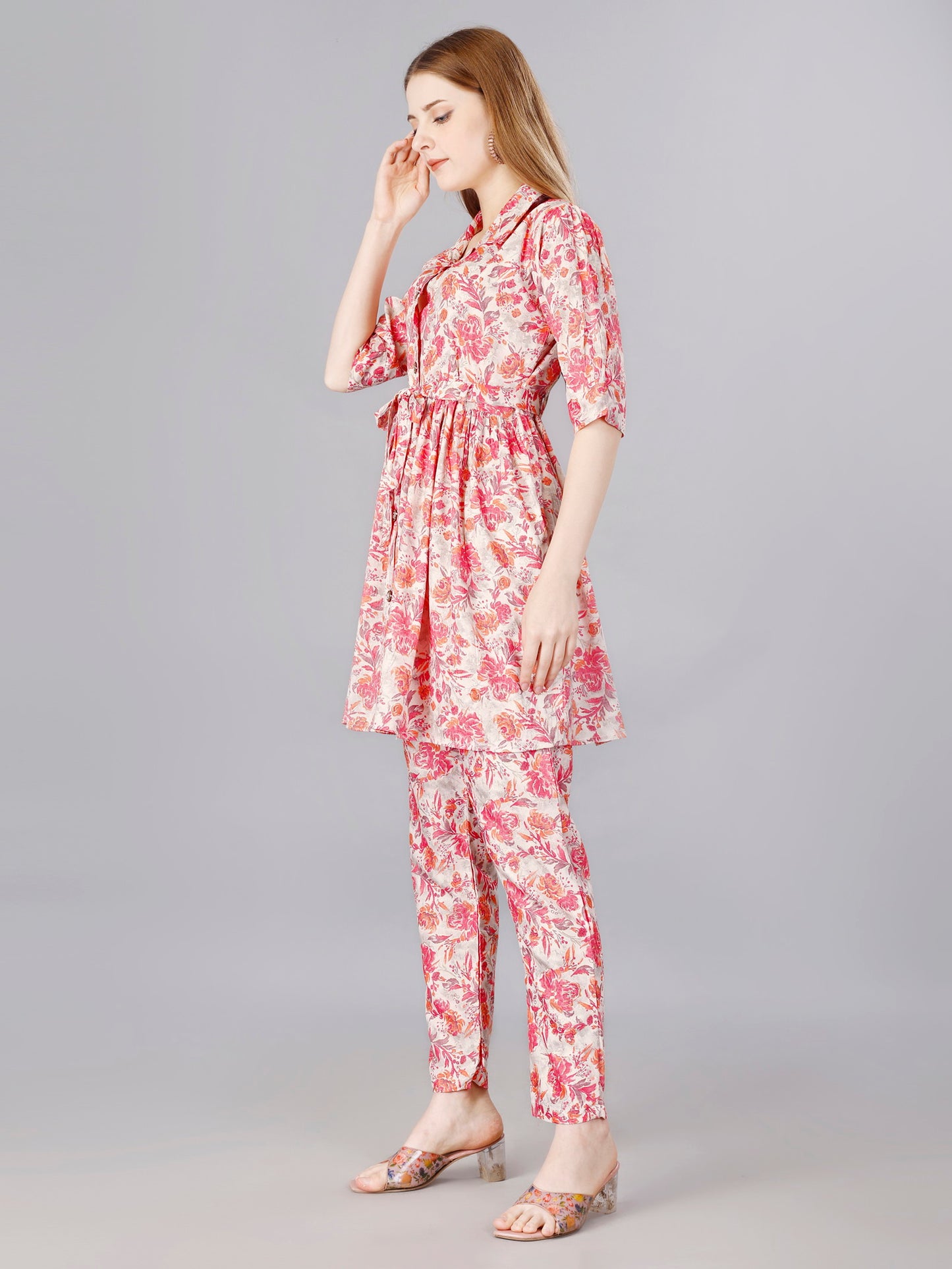 Printed pink 2-Piece Shirt & Trousers Set