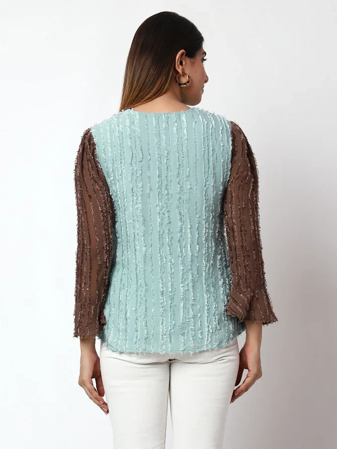 Casual Embellished Women Light Blue,Brown V-Neck Top