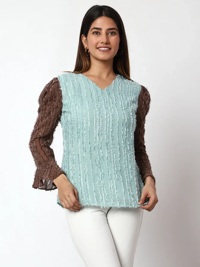 Casual Embellished Women Light Blue,Brown V-Neck Top