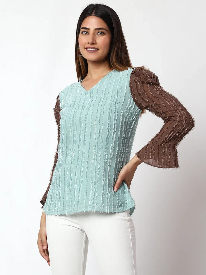 Casual Embellished Women Light Blue,Brown V-Neck Top