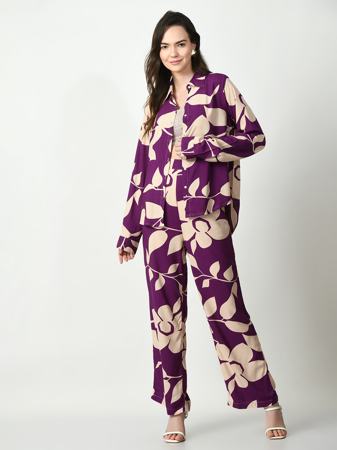 Classic Purple Shirt and Trousers Cotton Wear Co-Orde set for Women