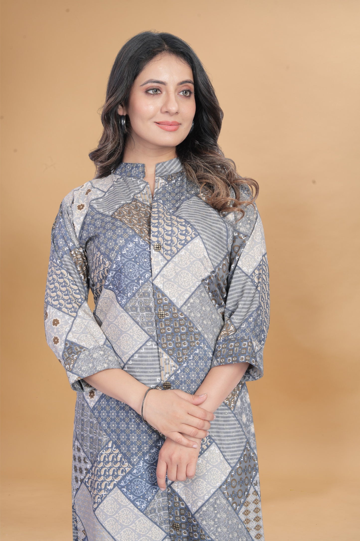 Grey Muslin Printed Womans Kurti And Plazzo Set