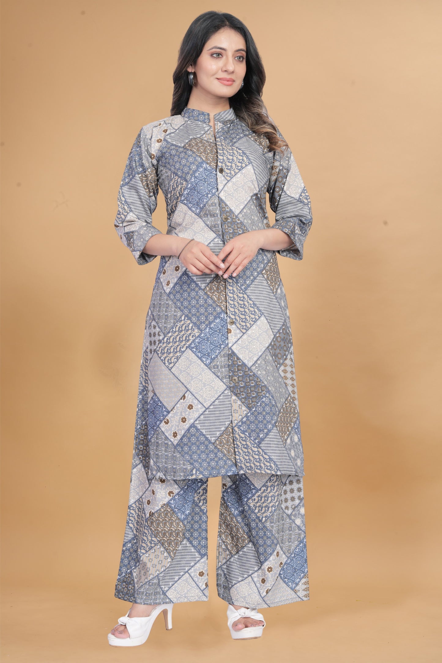 Grey Muslin Printed Womans Kurti And Plazzo Set