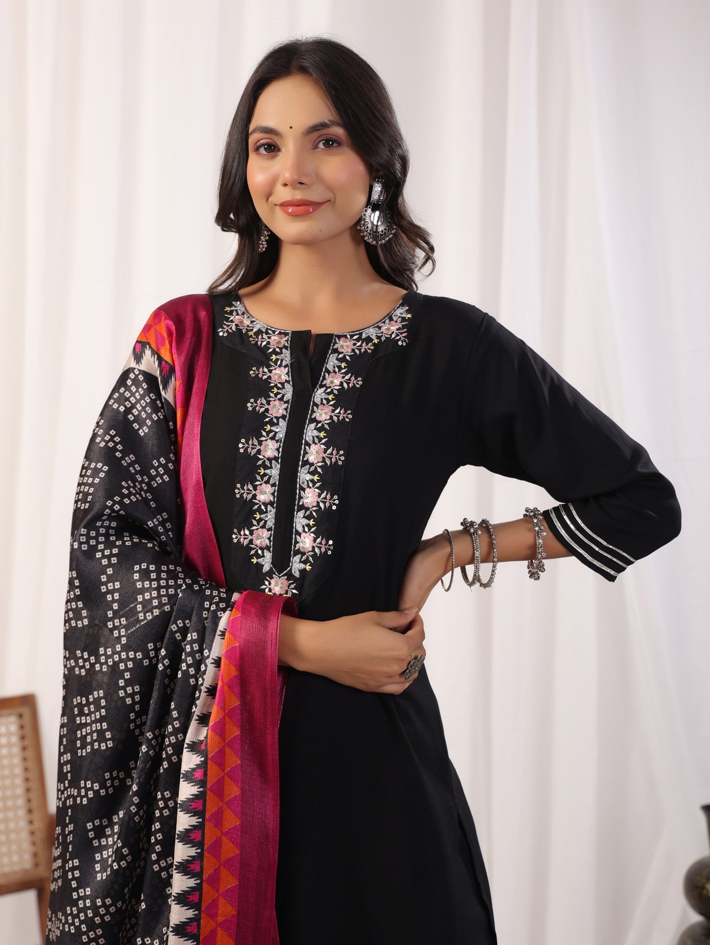 Black Embordered Rayon Kurta Set With Dupatta And Bottom