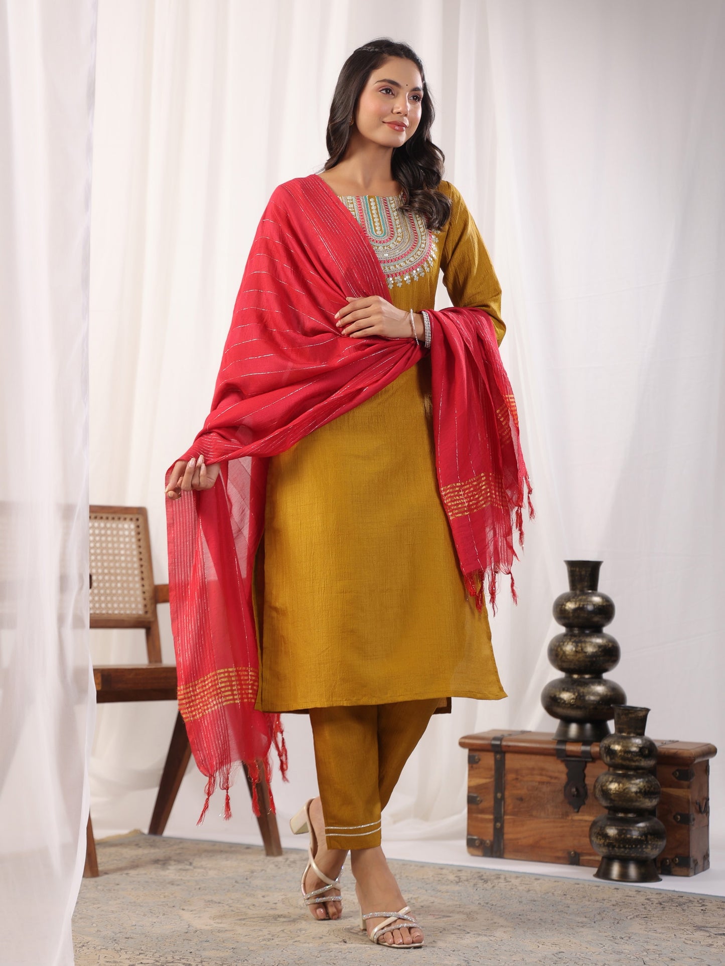 Solid Straight Round Neck Silk Kurta Pant Set With Dupatta