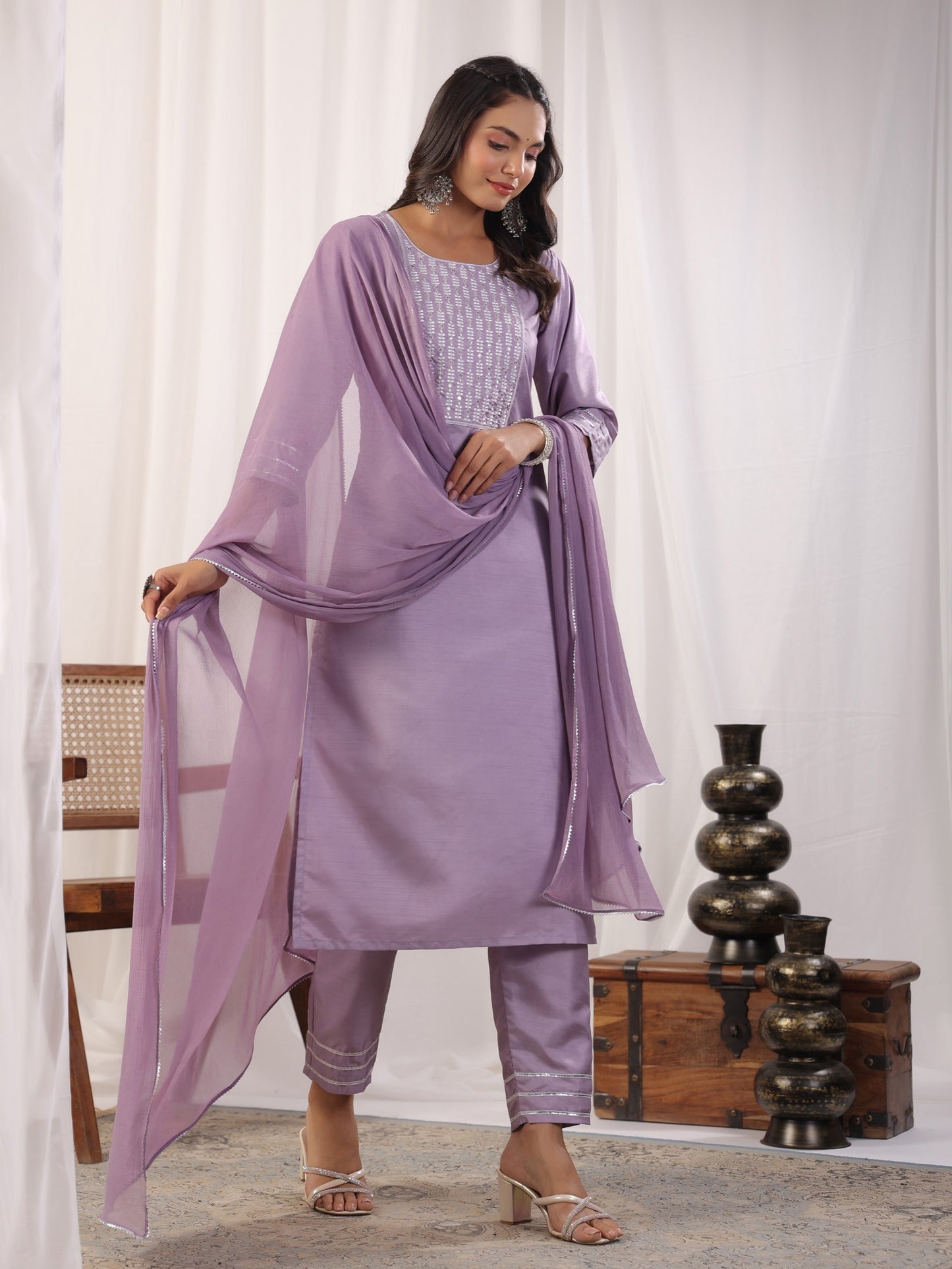 Embroidered Straight Kurta with Trousers & And Dupatta