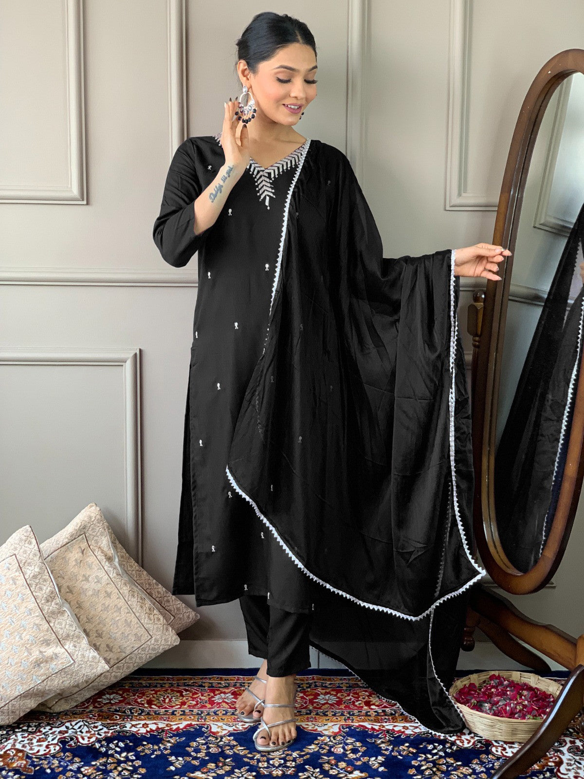 Designer Kurta set with Bottom Pant and Plain Dupatta in Black Color