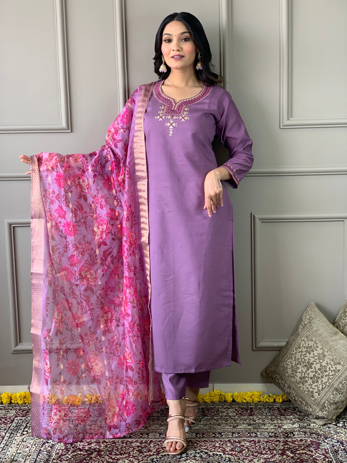 Luxurious Chanderi Silk Purple Kurta Set with Bottom and Dupatta