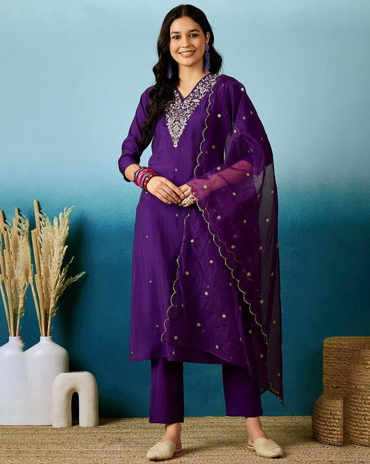 Embroidered V-Neck Straight Kurta with Pants and Dupatta