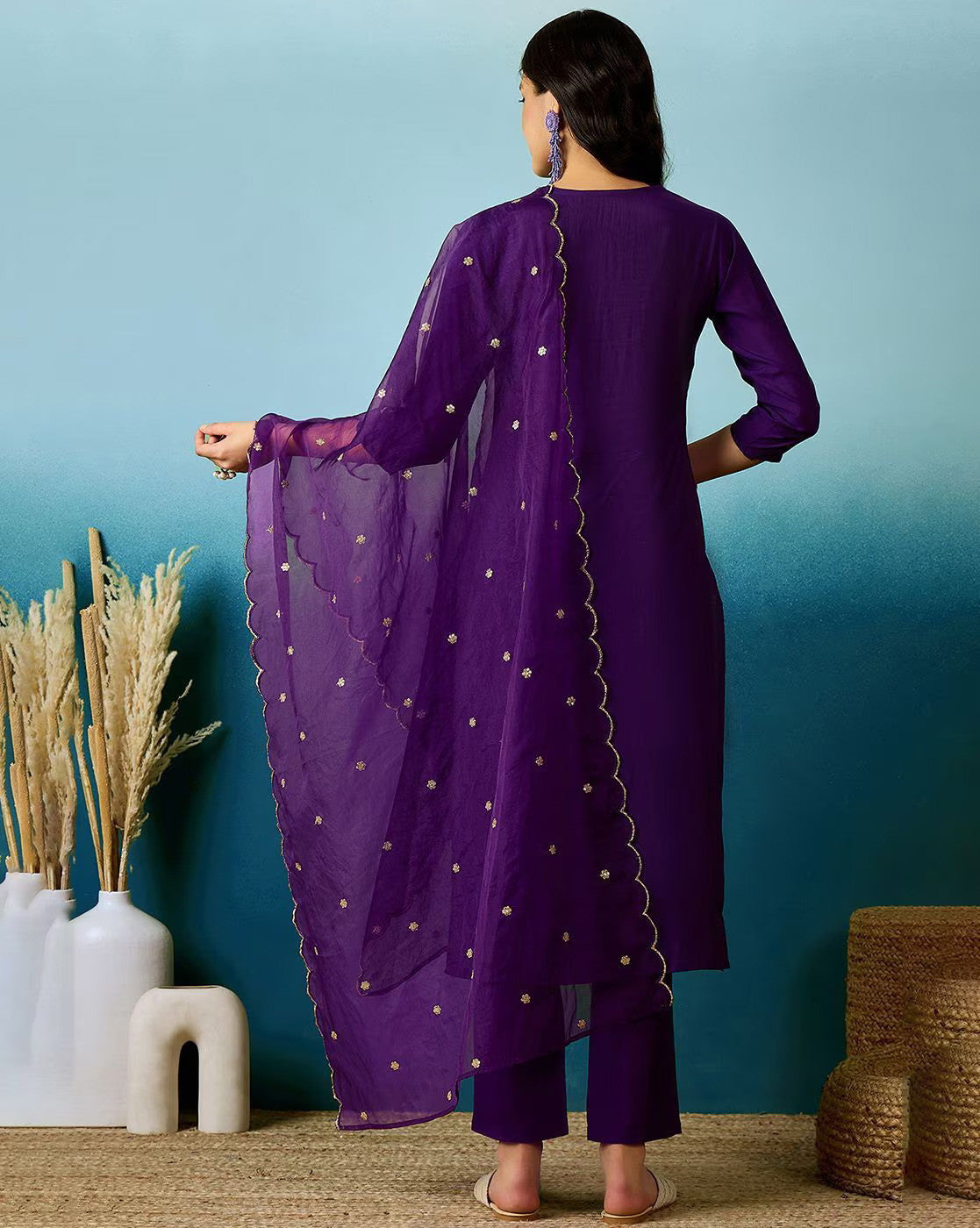 Embroidered V-Neck Straight Kurta with Pants and Dupatta