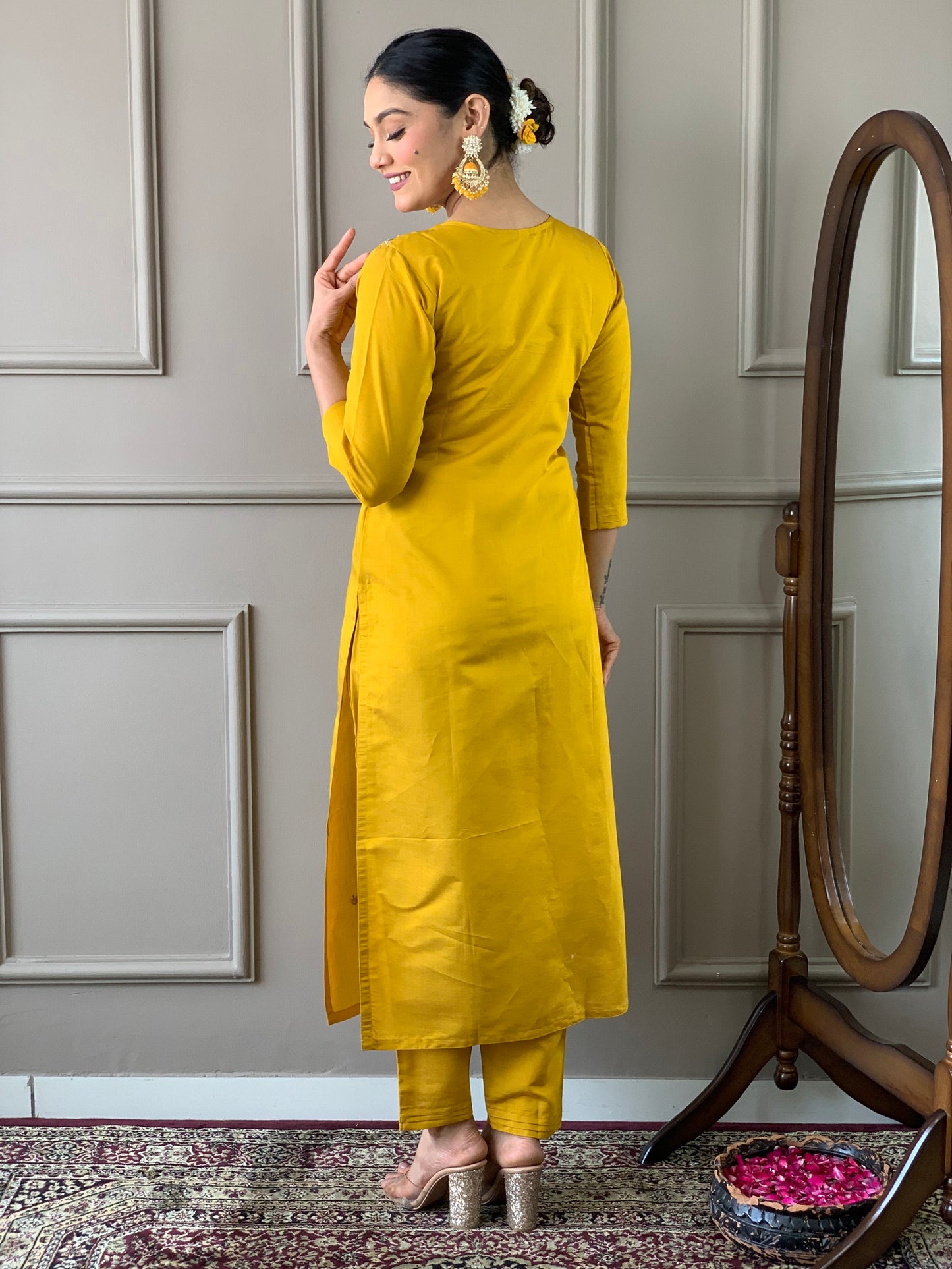 Mustard Classic Embroidery Design Kurta With Pant and Dupatta