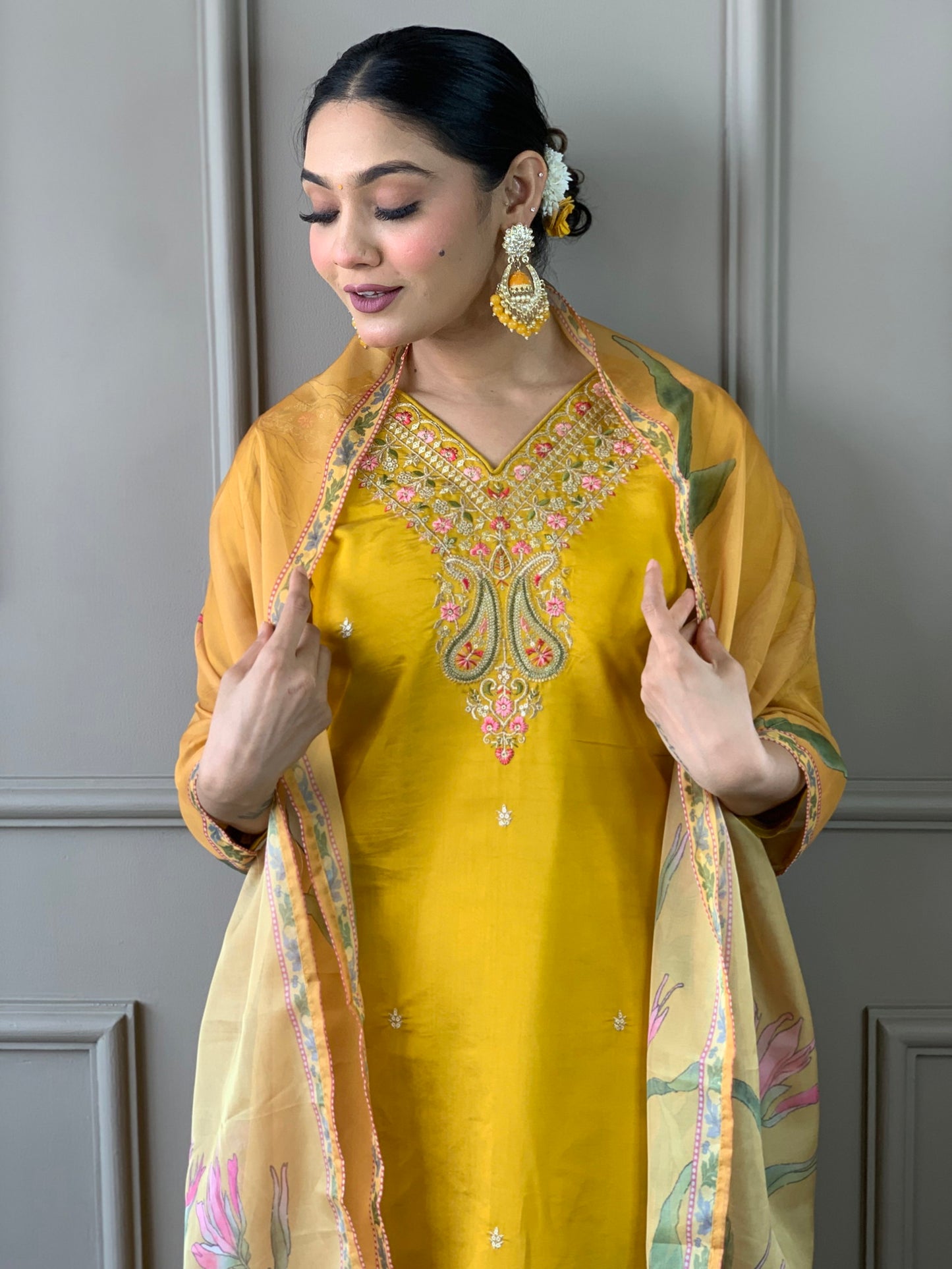 Mustard Classic Embroidery Design Kurta With Pant and Dupatta